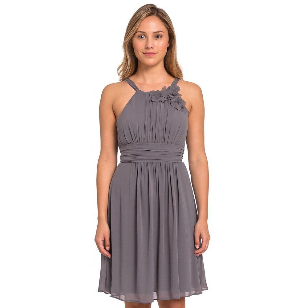 Watters & Watters fit and flare chiffon gray bridesmaids cocktail wedding dress